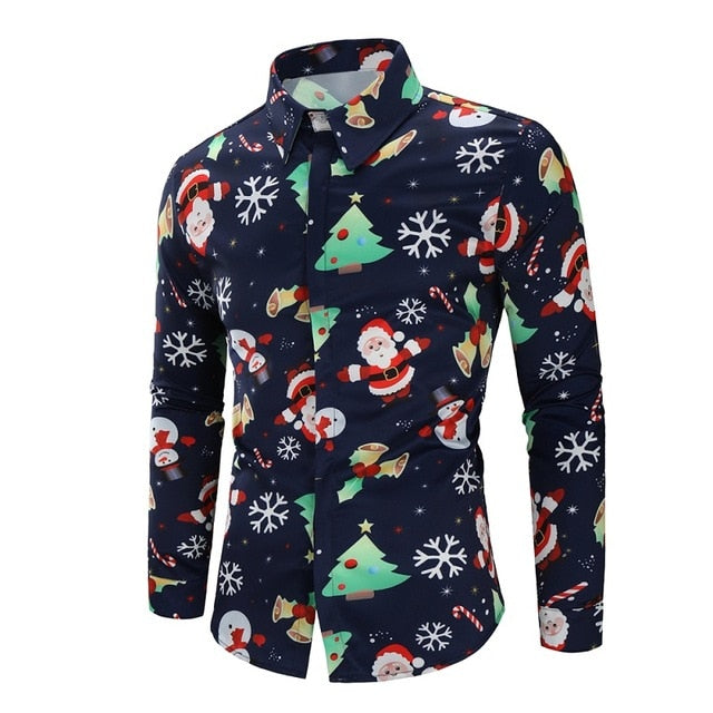 Christmas 3D Print Tree Shirt Men Autumn Long Sleeve shirt Winter Printed Mens Funny shirt