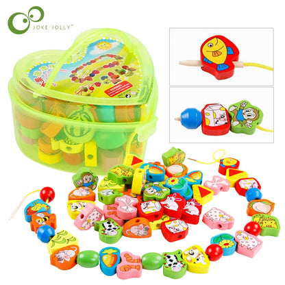 26Pcs Blocks Cartoon Animals Fruit Block Wooden Toys Stringing Threading Beads Game Educational Toy for Baby Kids Children GYH