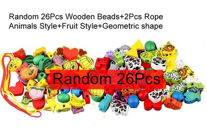 26Pcs Blocks Cartoon Animals Fruit Block Wooden Toys Stringing Threading Beads Game Educational Toy for Baby Kids Children GYH
