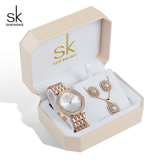 Shengke Rose Gold Creative Quartz Watch Women Earrings Necklace 2019 SK Ladies Watches Jewelry Set Luxury Gift Relogio Feminino