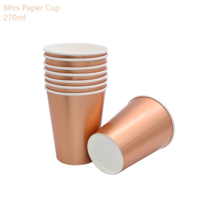 Rose Gold Party Disposable Tableware Set Party Paper Cups Plates Straws Party Table Decoration Wedding Birthday Party Supplies