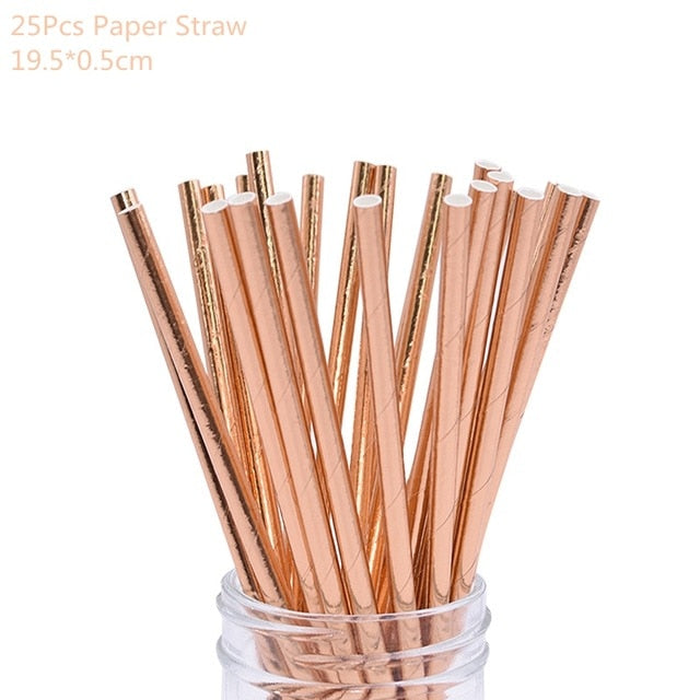 Rose Gold Party Disposable Tableware Set Party Paper Cups Plates Straws Party Table Decoration Wedding Birthday Party Supplies