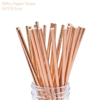 Rose Gold Party Disposable Tableware Set Party Paper Cups Plates Straws Party Table Decoration Wedding Birthday Party Supplies