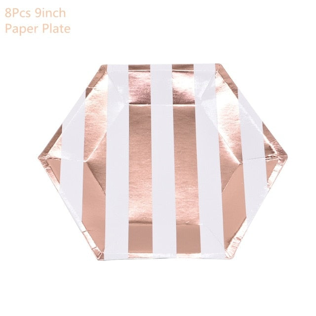 Rose Gold Party Disposable Tableware Set Party Paper Cups Plates Straws Party Table Decoration Wedding Birthday Party Supplies