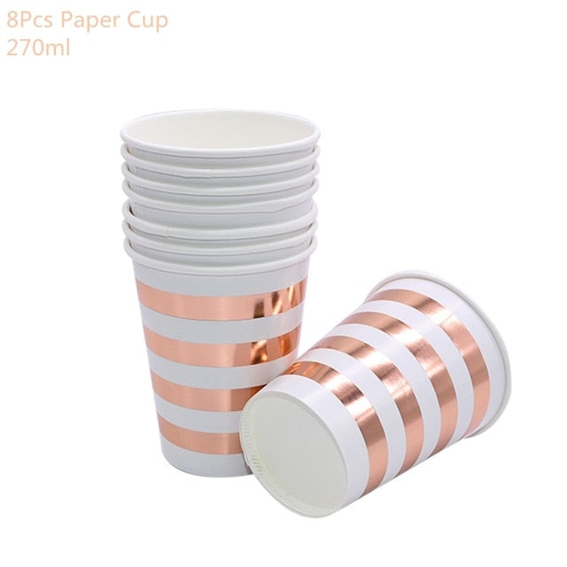 Rose Gold Party Disposable Tableware Set Party Paper Cups Plates Straws Party Table Decoration Wedding Birthday Party Supplies