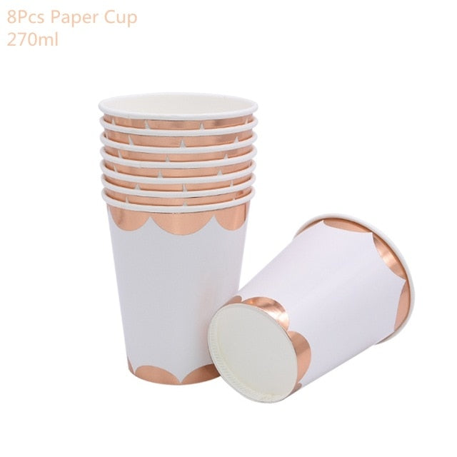 Rose Gold Party Disposable Tableware Set Party Paper Cups Plates Straws Party Table Decoration Wedding Birthday Party Supplies