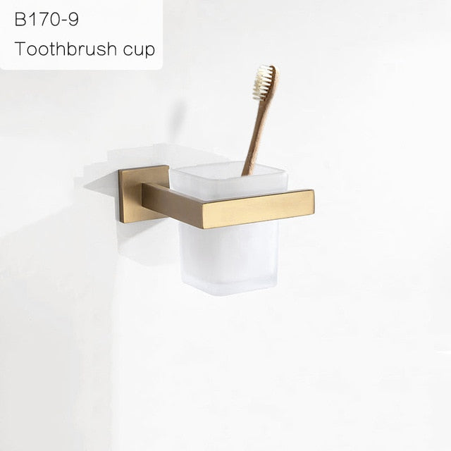 Gold Brushed Bathroom Accessories Hardware Set Towel Bar Rail Toilet Paper Holder Towel Rack Hook Soap Dish Toilet Brush