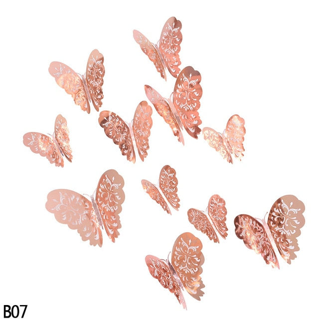 12Pcs Rose Gold Silver Hollow 3D Butterfly Wall Stickers For DIY Party Kids Wedding Room Decoration Home Wall Sticker Decal Deco