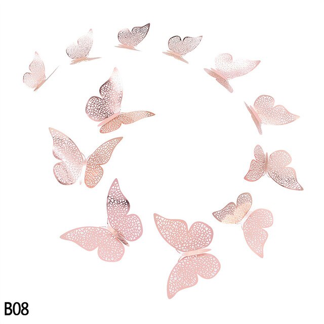 12Pcs Rose Gold Silver Hollow 3D Butterfly Wall Stickers For DIY Party Kids Wedding Room Decoration Home Wall Sticker Decal Deco