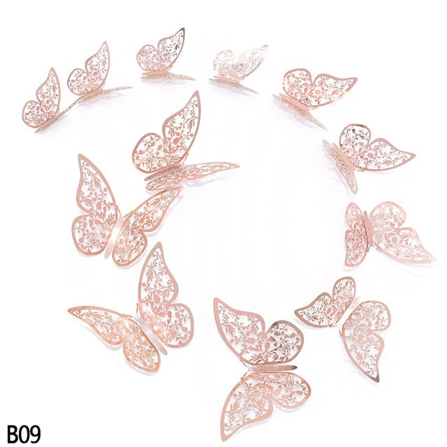 12Pcs Rose Gold Silver Hollow 3D Butterfly Wall Stickers For DIY Party Kids Wedding Room Decoration Home Wall Sticker Decal Deco