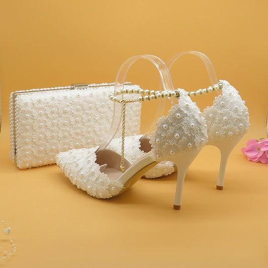White Lace Flower wedding shoes with matching bags High heels Pointed Toe Ankle Strap Ladies Party shoe and bag set Pearl Shoe