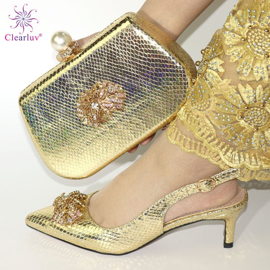 New gold color Italian Shoes With Matching Bags African Women Shoes and Bags Set For Prom Party Summer Sandal