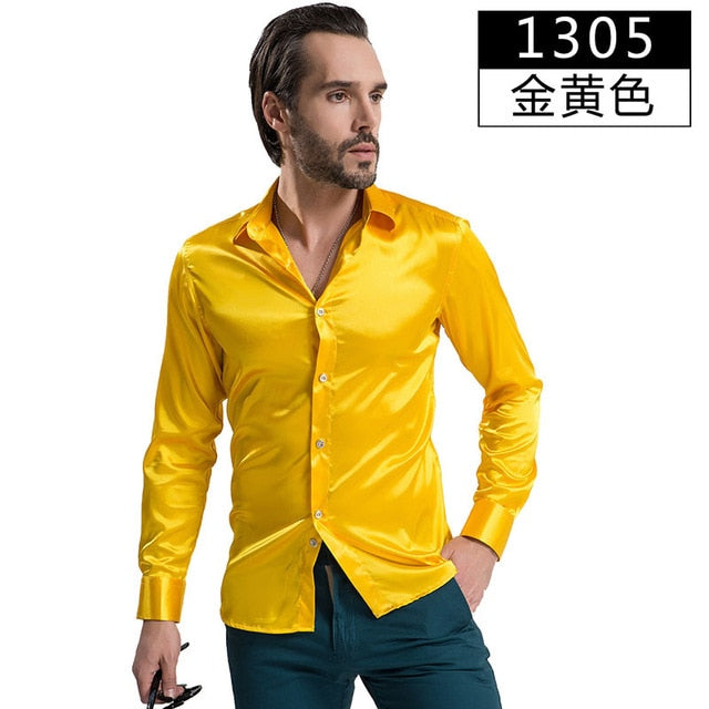Fashion Shiny Silky Satin Dress Shirt Luxury Silk Like Long Sleeve Mens Casual Shirts Performance Stage Wear Clothing