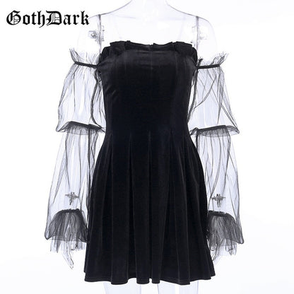 Goth Dark Mesh Vintage Gothic Dresses Egirl 2020 Aesthetic Transpanent Strap Pleated Dress Chic Punk Hip Hop Grunge Emo Y2K Chic
