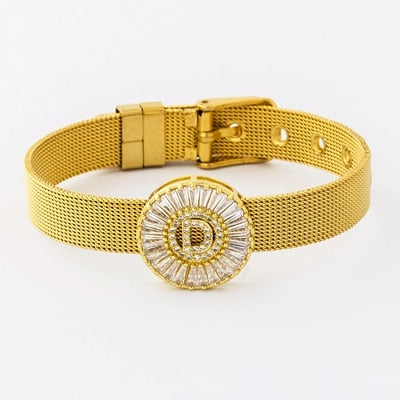 Classic Stainless Steel Watch Belt Bracelet Micro Pave CZ Crystal 26 Letters Name Bracelets Best Party Wedding Jewelry Gift