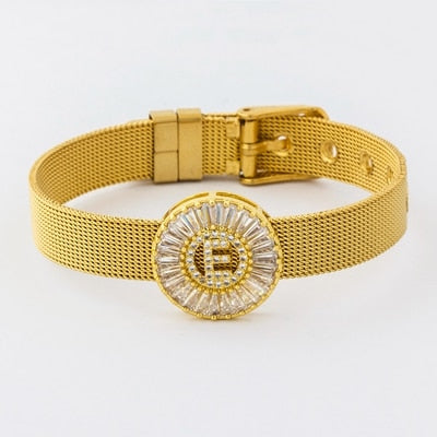 Classic Stainless Steel Watch Belt Bracelet Micro Pave CZ Crystal 26 Letters Name Bracelets Best Party Wedding Jewelry Gift