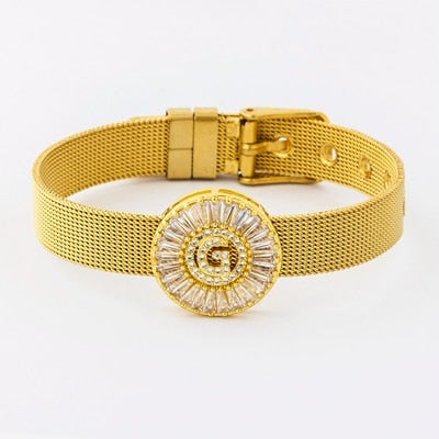 Classic Stainless Steel Watch Belt Bracelet Micro Pave CZ Crystal 26 Letters Name Bracelets Best Party Wedding Jewelry Gift