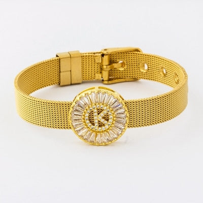 Classic Stainless Steel Watch Belt Bracelet Micro Pave CZ Crystal 26 Letters Name Bracelets Best Party Wedding Jewelry Gift