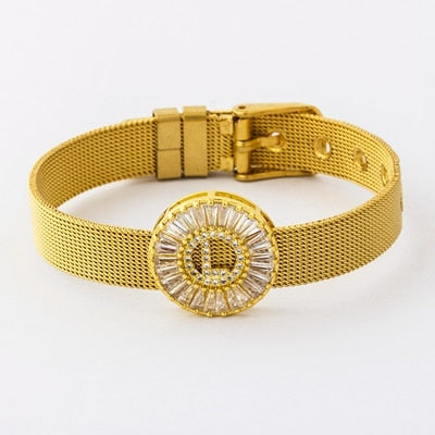 Classic Stainless Steel Watch Belt Bracelet Micro Pave CZ Crystal 26 Letters Name Bracelets Best Party Wedding Jewelry Gift