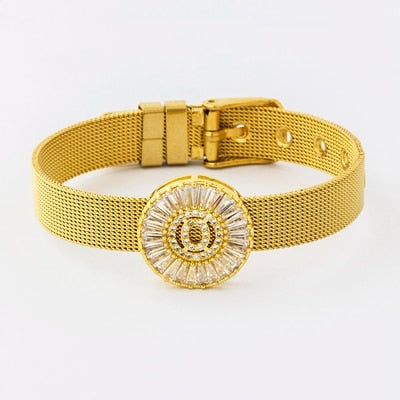Classic Stainless Steel Watch Belt Bracelet Micro Pave CZ Crystal 26 Letters Name Bracelets Best Party Wedding Jewelry Gift