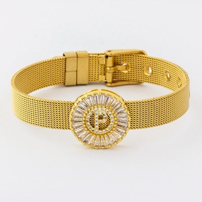 Classic Stainless Steel Watch Belt Bracelet Micro Pave CZ Crystal 26 Letters Name Bracelets Best Party Wedding Jewelry Gift