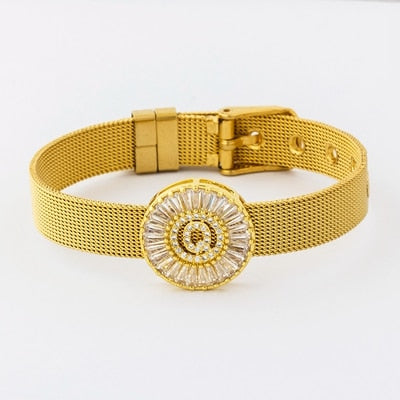 Classic Stainless Steel Watch Belt Bracelet Micro Pave CZ Crystal 26 Letters Name Bracelets Best Party Wedding Jewelry Gift