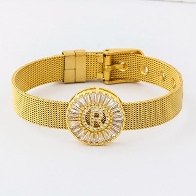 Classic Stainless Steel Watch Belt Bracelet Micro Pave CZ Crystal 26 Letters Name Bracelets Best Party Wedding Jewelry Gift