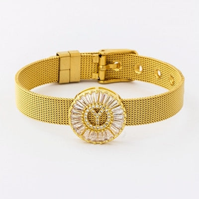 Classic Stainless Steel Watch Belt Bracelet Micro Pave CZ Crystal 26 Letters Name Bracelets Best Party Wedding Jewelry Gift