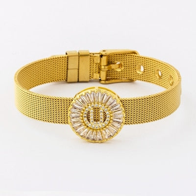 Classic Stainless Steel Watch Belt Bracelet Micro Pave CZ Crystal 26 Letters Name Bracelets Best Party Wedding Jewelry Gift