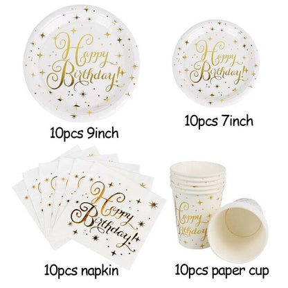 Gold Party Disposable Tableware Set Party Paper Cups Plates Straws Banner Latex Balloons Birthday Party Decoration Kids Supplies