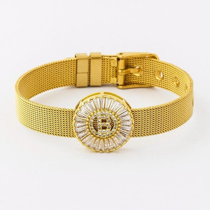 New Adjustable Stainless Steel Watch Belt Bracelet Bangle Copper CZ Initial 26 Letters Name Bracelets Jewelry For Women Gift