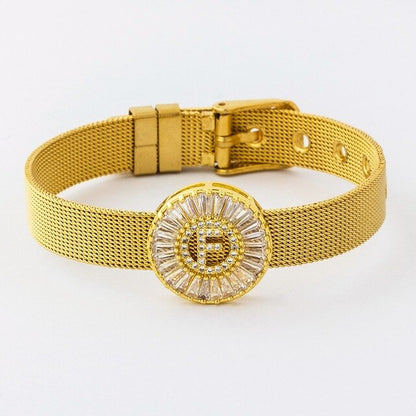New Adjustable Stainless Steel Watch Belt Bracelet Bangle Copper CZ Initial 26 Letters Name Bracelets Jewelry For Women Gift
