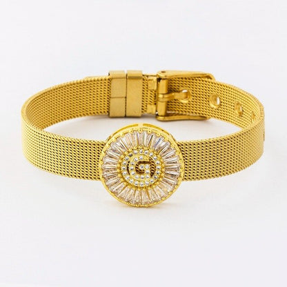 New Adjustable Stainless Steel Watch Belt Bracelet Bangle Copper CZ Initial 26 Letters Name Bracelets Jewelry For Women Gift