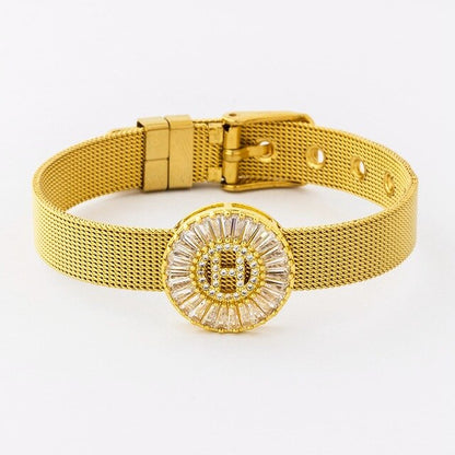 New Adjustable Stainless Steel Watch Belt Bracelet Bangle Copper CZ Initial 26 Letters Name Bracelets Jewelry For Women Gift