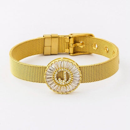 New Adjustable Stainless Steel Watch Belt Bracelet Bangle Copper CZ Initial 26 Letters Name Bracelets Jewelry For Women Gift