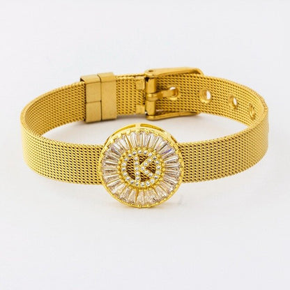 New Adjustable Stainless Steel Watch Belt Bracelet Bangle Copper CZ Initial 26 Letters Name Bracelets Jewelry For Women Gift
