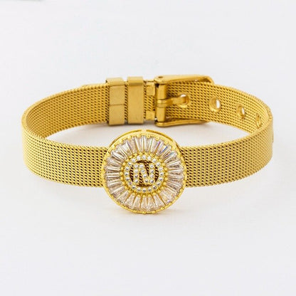 New Adjustable Stainless Steel Watch Belt Bracelet Bangle Copper CZ Initial 26 Letters Name Bracelets Jewelry For Women Gift
