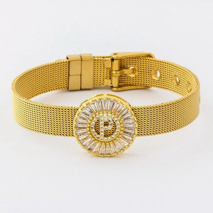 New Adjustable Stainless Steel Watch Belt Bracelet Bangle Copper CZ Initial 26 Letters Name Bracelets Jewelry For Women Gift