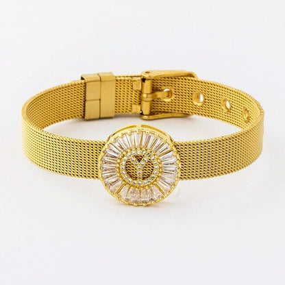 New Adjustable Stainless Steel Watch Belt Bracelet Bangle Copper CZ Initial 26 Letters Name Bracelets Jewelry For Women Gift