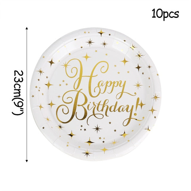 Gold Party Disposable Tableware Set Party Paper Cups Plates Straws Banner Latex Balloons Birthday Party Decoration Kids Supplies