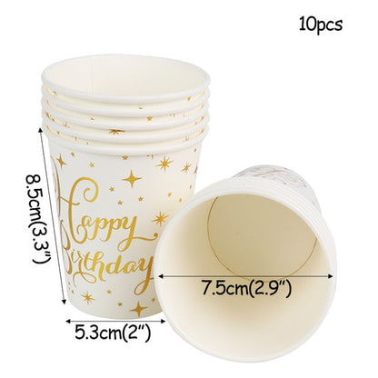 Gold Party Disposable Tableware Set Party Paper Cups Plates Straws Banner Latex Balloons Birthday Party Decoration Kids Supplies