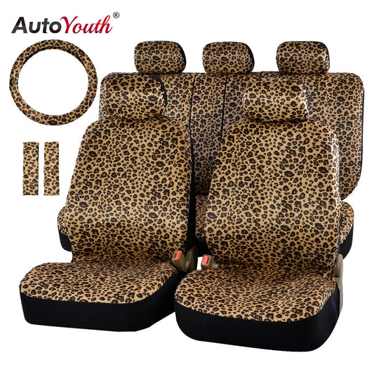 AUTOYOUTH Luxury Leopard Print Car Seat Cover Universal Fit  Seat Belt Pads,and 15" Universal Steering Wheel Car Seat Protector