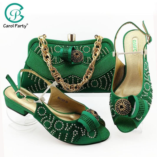 Green Color African Shoes And Bag Matching Set With Stones Shoes Women Italian design Shoes And Bag Set For Party Wedding