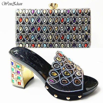 Latest Italian Med Heel Shoes 7cm And Bag For Evening Party With Rhinstones Gold Italian Handbags Match Bags set 37-42 201-7