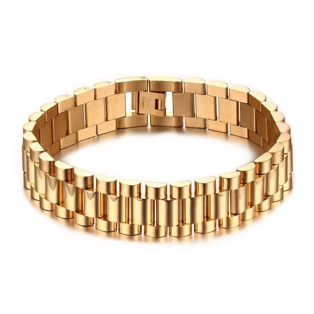 Gent's Solid Stainless Steel Watch Band  Bracelet for Men Watchlink Bracelets Jewelry Golden 15MM Wide 8.8 Inches
