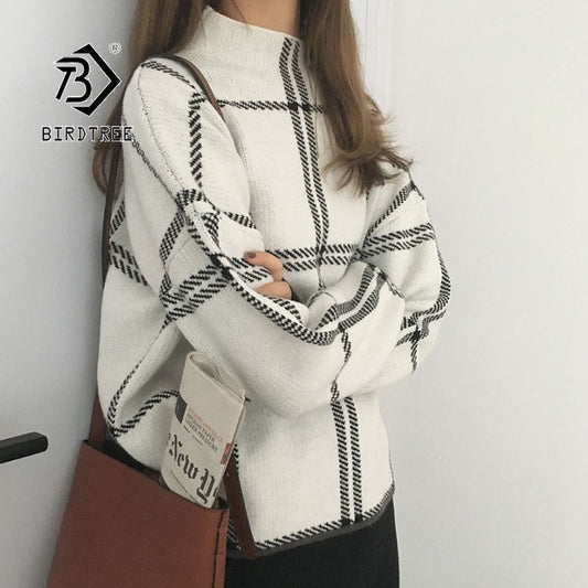 2019 Ins Winter New Women's Pullovers Sweater Fashion Plaid Turtleneck Loose Knit Full Sleeve Korean Casual Tops T98301D