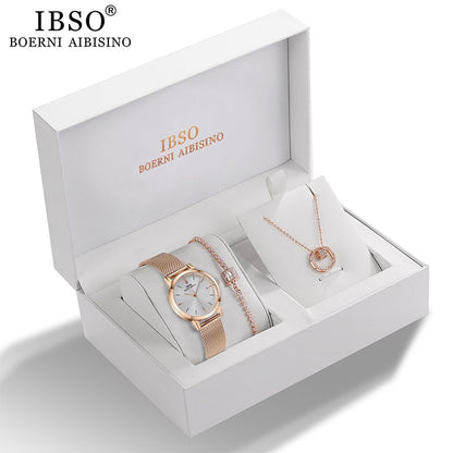 IBSO Women Quartz Watch Set Rose Gold Crystal Design Bracelet Necklace Watch Sets Female Jewelry Set Watch Lady's Wife Mom  Gift