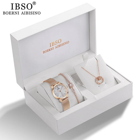IBSO Women Quartz Watch Set Rose Gold Crystal Design Bracelet Necklace Watch Sets Female Jewelry Set Watch Lady's Wife Mom  Gift