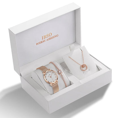 IBSO Women Quartz Watch Set Rose Gold Crystal Design Bracelet Necklace Watch Sets Female Jewelry Set Watch Lady's Wife Mom  Gift