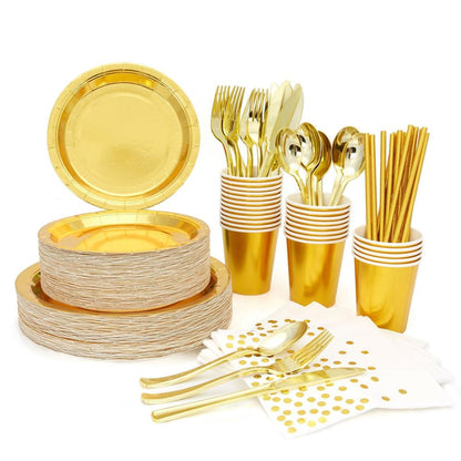 High Quality Hot Stamping Gold Disposable Tableware Gold Plate/Napkin/Cup Adult Happy Birthday Party Decor Kids Wedding Supplies